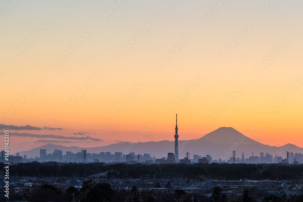 Tokyo Skytree and Mount Fuji at twilight time in winter season.
