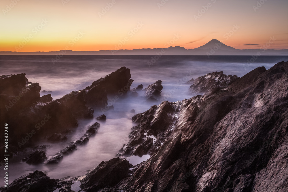 Japan seascape and Mt. Fuji in sunset. Seen from Jogashima island , Kanagawa prefecture. Jogashima is a small island off the south coast of Miura peninsula.