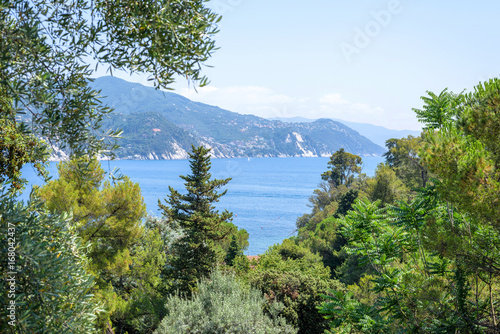 Daylight view to mountains  blue sea and city of Rapallo  Italy.