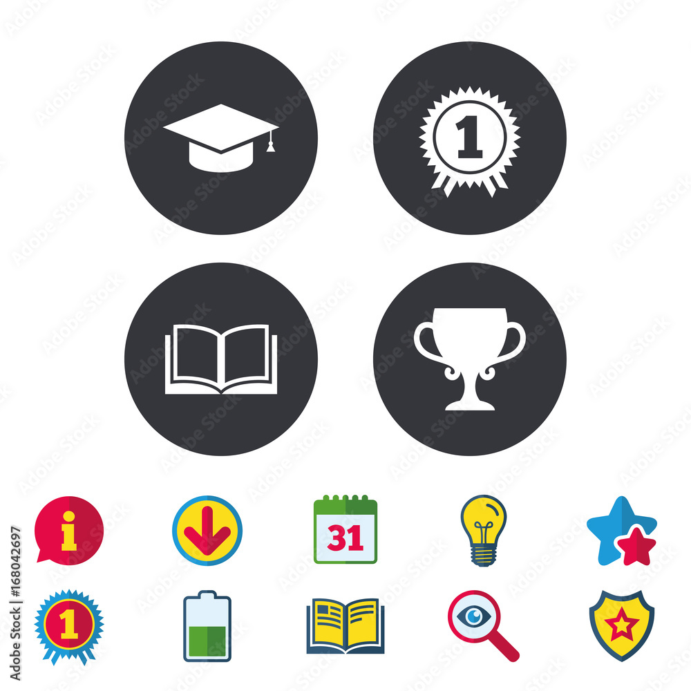 Graduation icons. Education book symbol.
