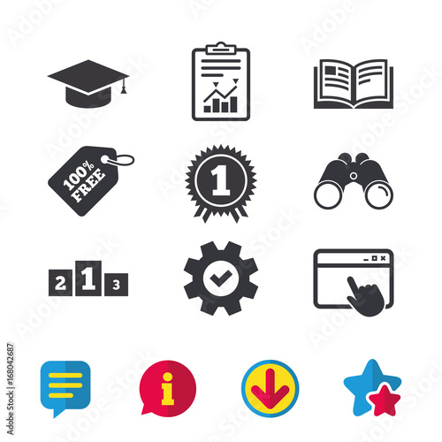 Graduation icons. Education book symbol.