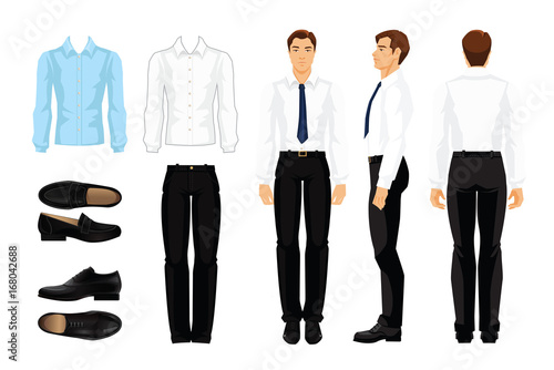 Vector illustration of corporate dress code. Businessman or professor in formal clothes. Front view, side and back view.. White and blue shirt, black pants and shoes isolated on white background.