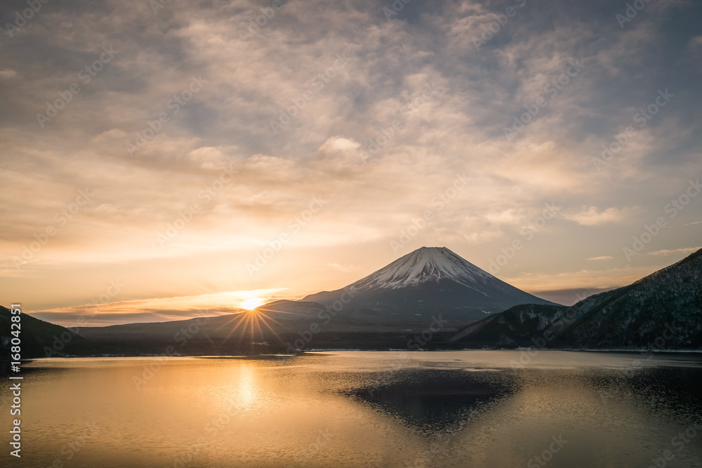 Mountain Fuji and Lake Motosu with bueatiful sunrise in winter season