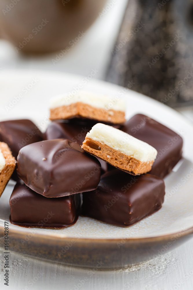 Homemade chocolate candies with vanilla and chocolate soufle. Bird's milk