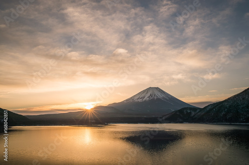 Mountain Fuji and Lake Motosu with bueatiful sunrise in winter season