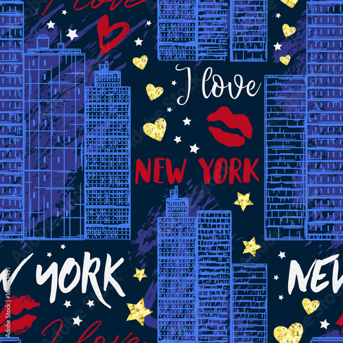 New York. Seamless pattern with skyscrapers , kisses, hearts and stars with golden glitter foil texture. Vector illustration