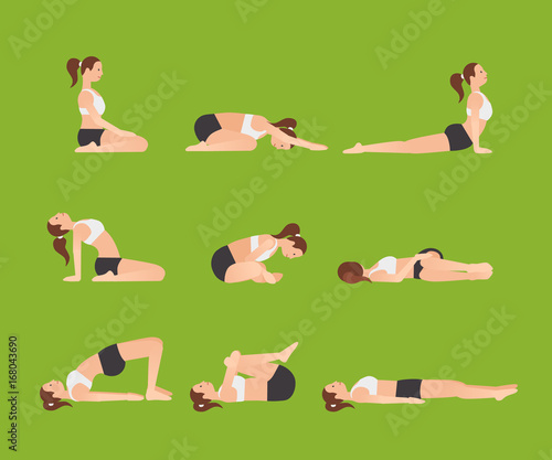 Yoga poses for better sleep. Vector illustrations with woman in sport bra and shorts doing asanas from insomnia and relaxing. Healthy poster in flat vector design. On greenery background.