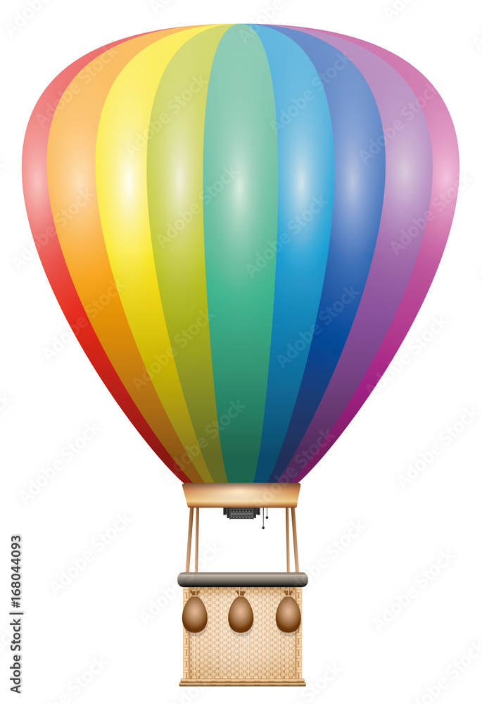 Fototapeta premium Captive balloon - rainbow colored flying vehicle with basket and sandbags - isolated vector illustration on white background.