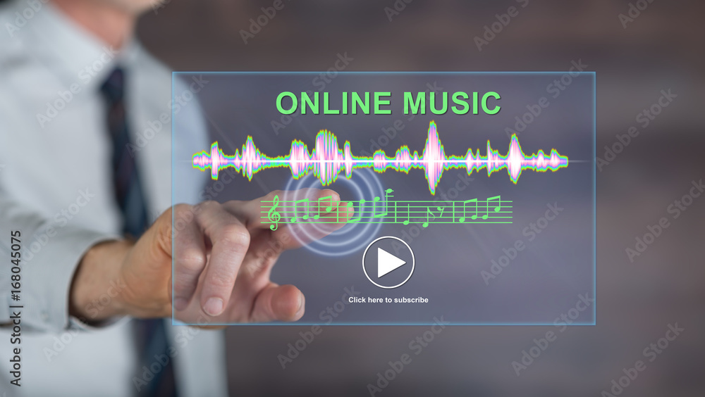 Obraz premium Man touching an online music concept on a touch screen