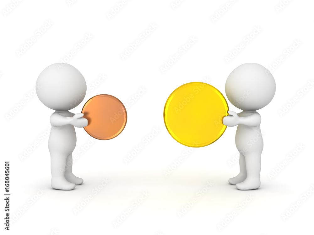 3D illustration of a character holding a big golden coin and one small bronze one 3D illustration of a character holding a big golden coin and one small bronze one