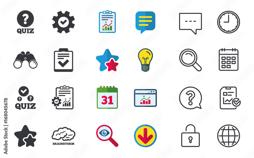 Quiz icons. Checklist and human brain symbols. Quiz icons. Checklist and human brain symbols.
