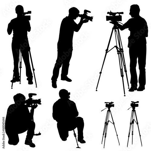 Cameraman with  video camera. Set of hand drawn vector silhouettes of videographers and cameras.