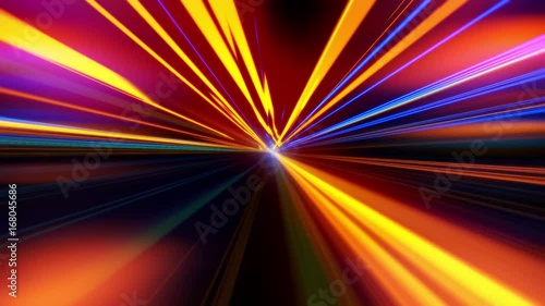 Looped speed motion light beams. Colored light streaks acceleration. Abstract motion. Purple Pink and Orange Yellow motion streaks.