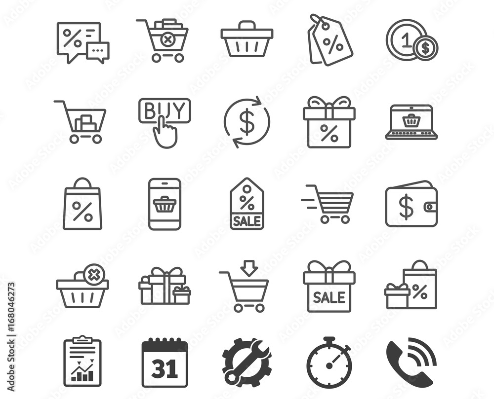Shopping line icons. Gifts, Wallet and Sale.