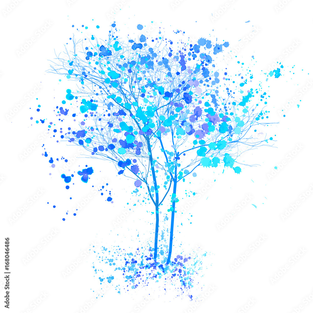 Winter watercolor tree. Blue trees with splashes and ink sketched illustration. Winter tree concept