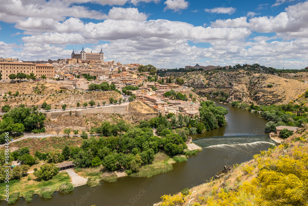 Toledo old town city skyline beside the Tagus Rive, Spain