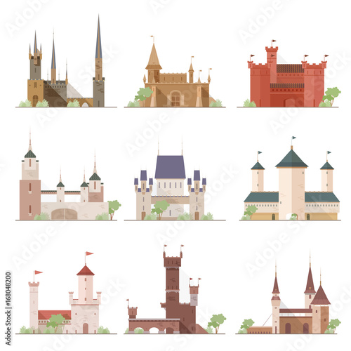 Castles and fortresses set. Flat cartoon style vector illustrations collection.