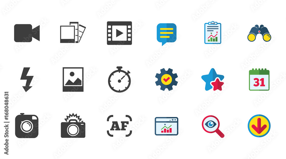 Photo, video icons. Camera, photos and frame. Photo, video icons. Camera, photos and frame.