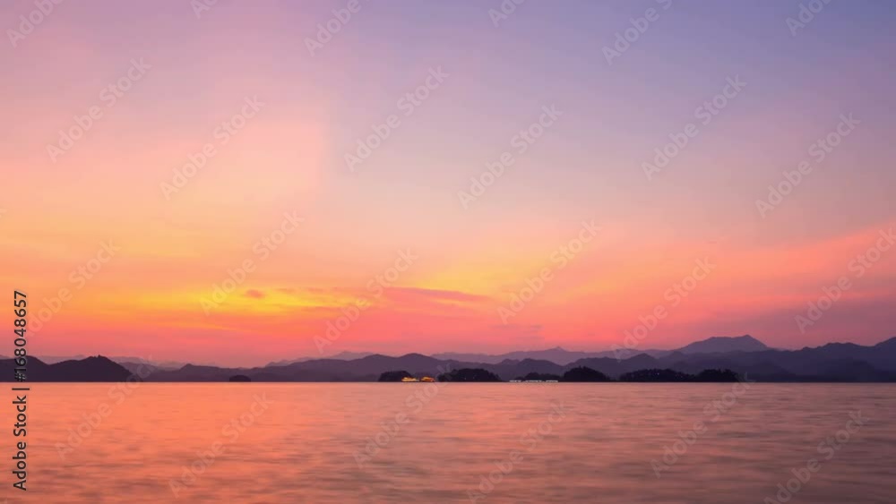 time lapse of hangzhou thousand island lake in nightfall and light trails of cruise ship, China time lapse of hangzhou thousand island lake in nightfall and light trails of cruise ship, China