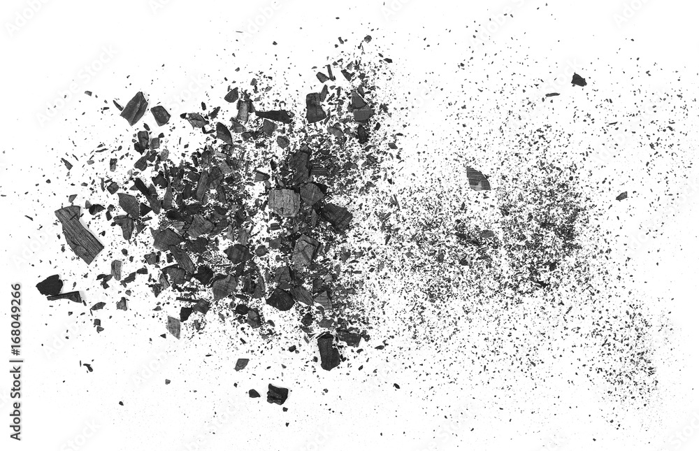 Obraz premium Pile charcoal isolated on white background, xylanthrax, wood coal, top view