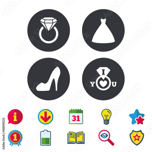 Wedding dress icon. Women's shoe symbol.