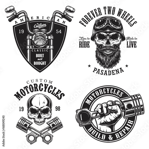 Set of vintage custom motorcycle emblems, labels, badges, logos, prints, templates. Layered, isolated on white background Easy rider