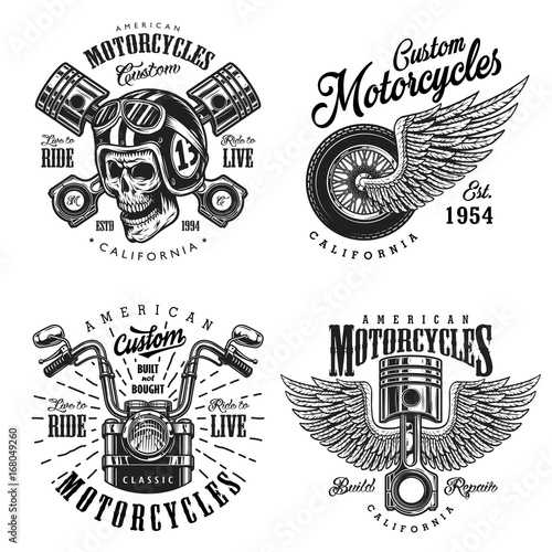 Set of vintage custom motorcycle emblems, labels, badges, logos, prints, templates. Layered, isolated on white background Easy rider