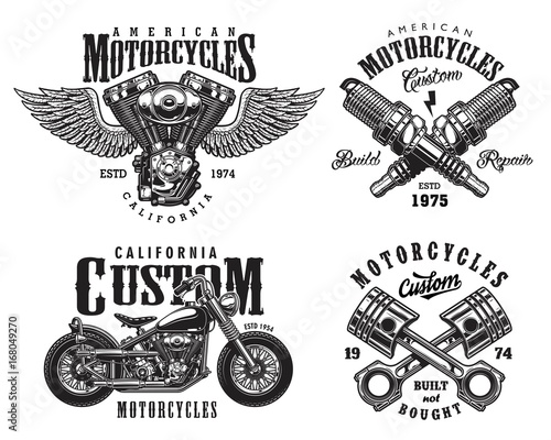 Set of vintage custom motorcycle emblems, labels, badges, logos, prints, templates. Layered, isolated on white background Easy rider