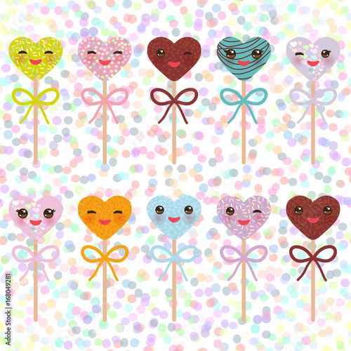  Card design with hearts Kawaii Colorful Sweet Cake pops with pink cheeks and winking eyes, Cake pops hearts set with bow isolated, pastel colors on white polka dot background. Vector