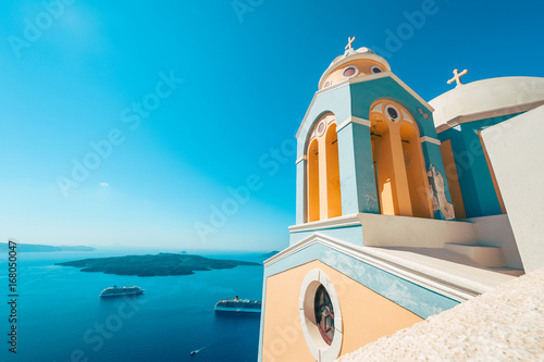 Church and Cruise Ships in Santorini Greece
