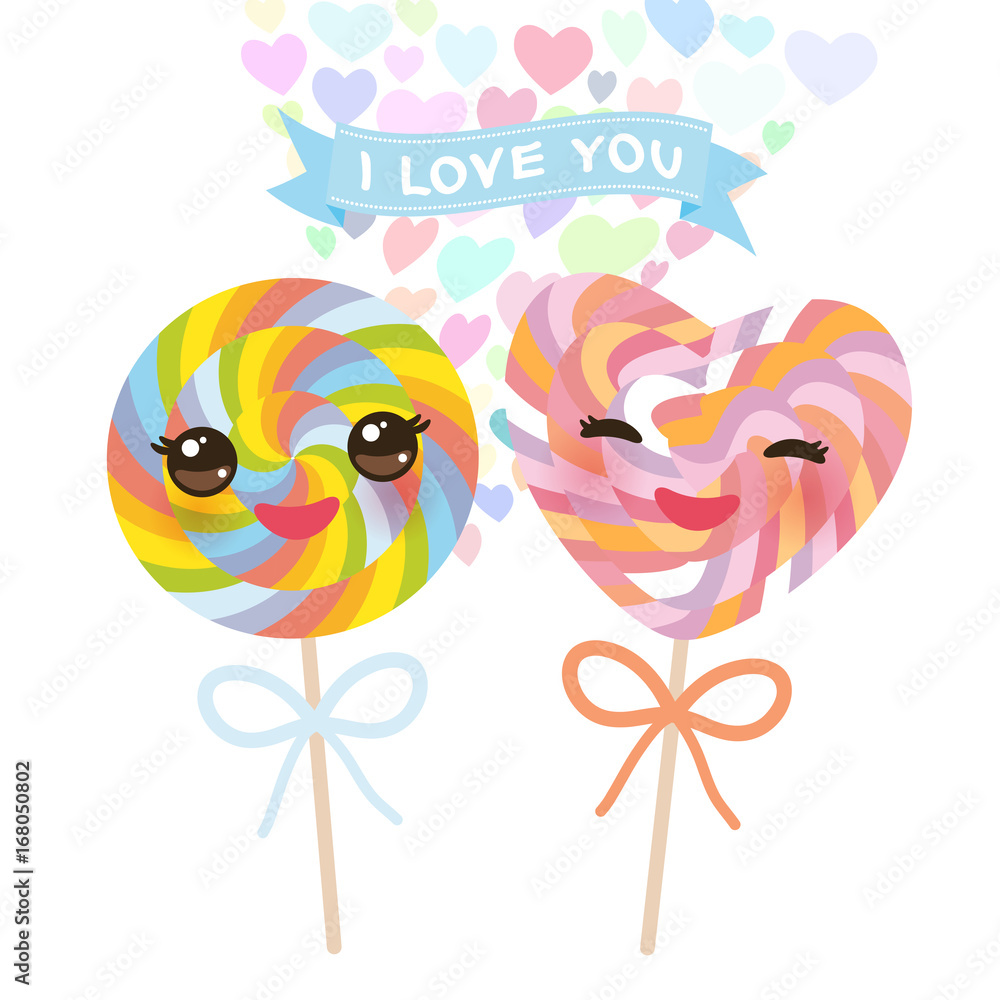 I love you Card design with Kawaii Heart shaped candy lollipop with pink  cheeks and winking eyes, pastel colors on white background. Vector Stock  Vector | Adobe Stock