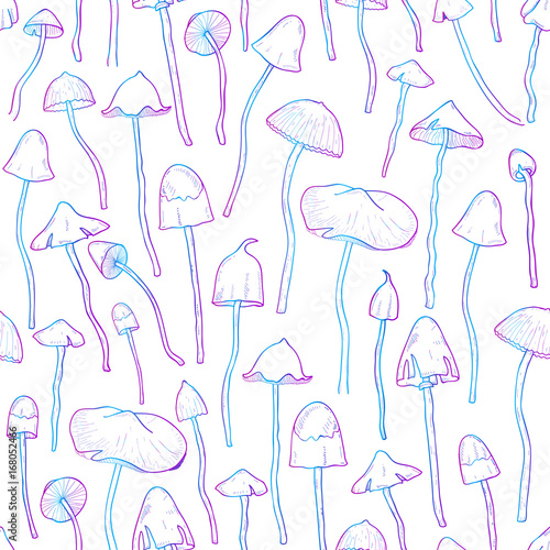 Beautiful inedible, hallucinogenic fungus seamless pattern. Hand drawn psilocybe. Colorful vector illustration on white background.
