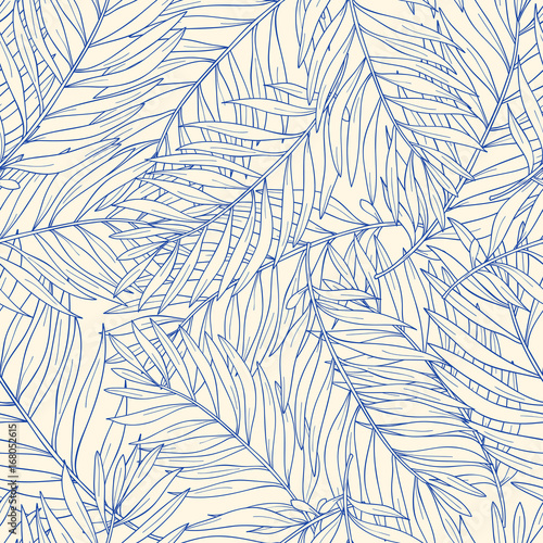 Seamless pattern with contour tropical palm leaves. nature background.