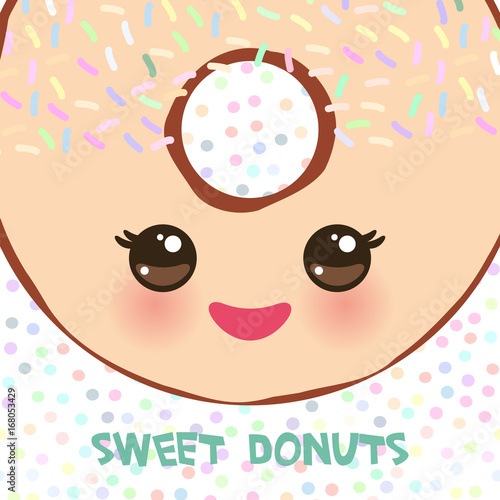 Kawaii colorful donut with pink cheeks and winking eyes, Sweet brown donut with icing and sprinkls isolated, banner design, card template, pastel colors on white polka dot background. Vector photo