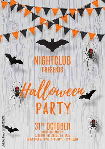 Vector flyer for halloween party. Vector illustration with black paper bats and spiders. Beautiful poster with festive orange and black garland on wooden texture. Invitation to nightclub.