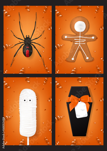 Set of Halloween orange posters. Collection of greeting cards with spider, gift box and cookies. Vector illustration with confetti and serpentine.