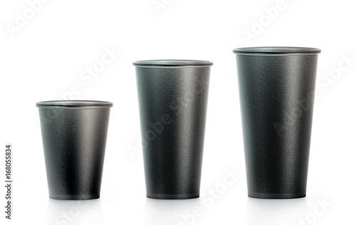 Blank black disposable paper cup mock ups isplated, large, medium and smal, 3d rendering. Empty polystyrene coffee drinking mug mockup front view. Clear plain tea take away plastic package