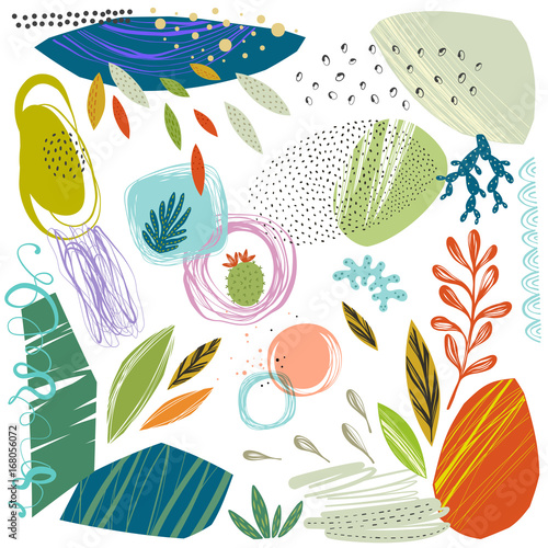 Set of scribble textures and hand drawn floral elements. Vector illustration.
