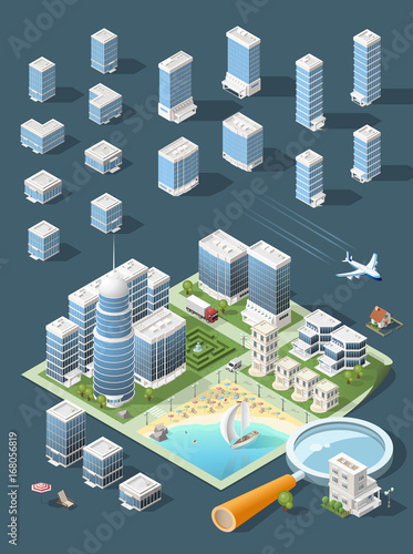 Set of Isolated High Quality Isometric City Elements . Harbor with Shadows on Dark Background