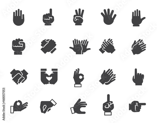 Black flat icons of human gesticulating hand. Set of 20 different graphic signs for site interfaces, mobile appls, games and other projects. Vector web image or button isolated on white background