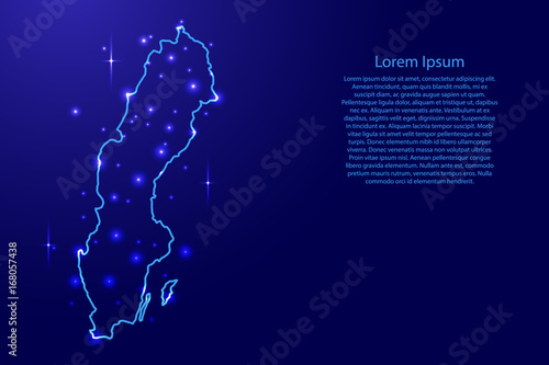 Photo Map Sweden from the contours network blue, luminous space stars of vector illust