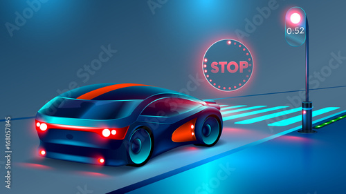 crosswalk. the car stopped at a red light before the pedestrian crossing.