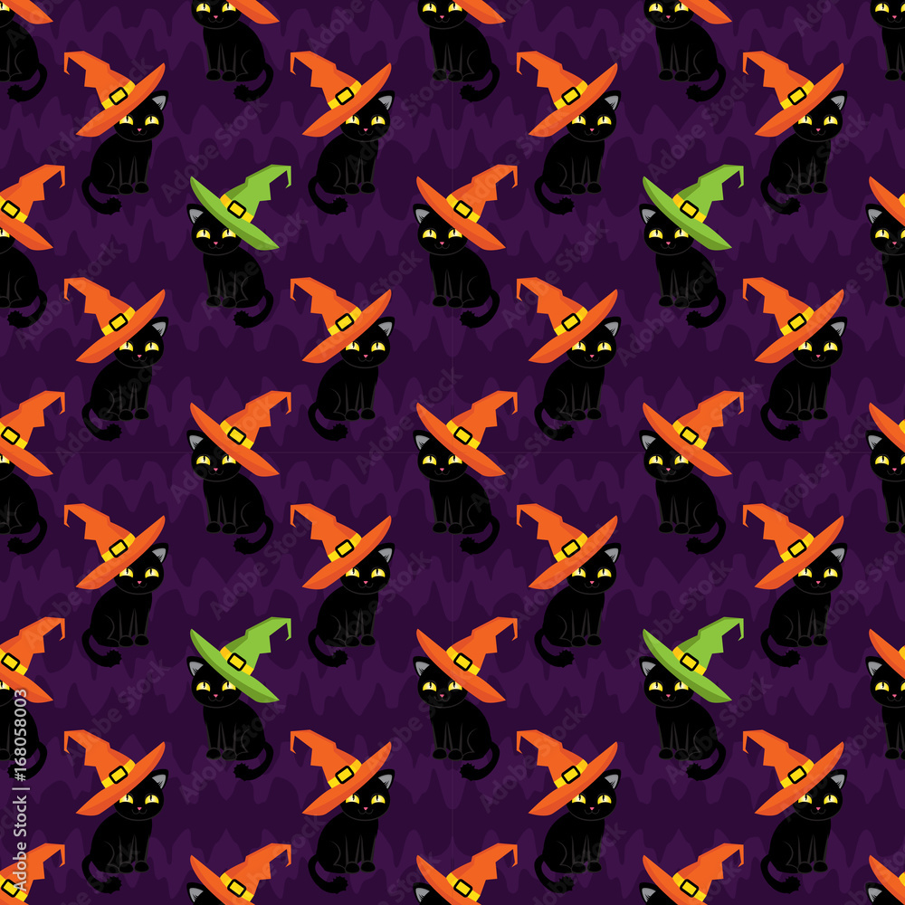 Abstract seamless pattern for girls,boys, kids, halloween, clothes. Creative vector background with cute cat. Funny wallpaper for textile and fabric. Fashion style. Colorful bright.