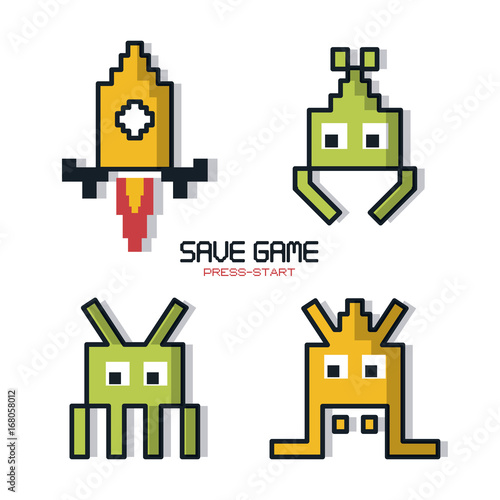 colorful poster of save game press start with graphics of spatial game in pixels vector illustration