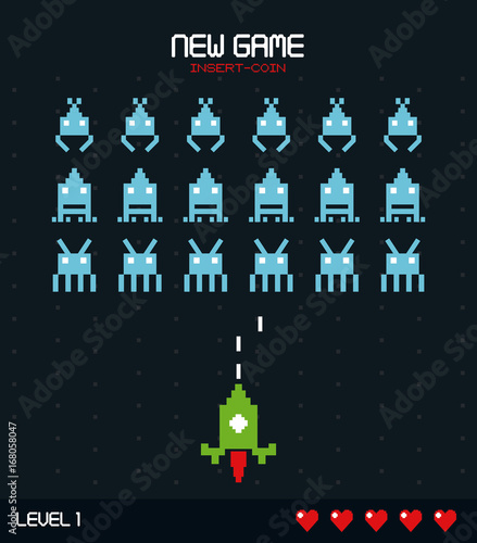 colorful poster of new game insert coin with graphics of spatial game level one vector illustration