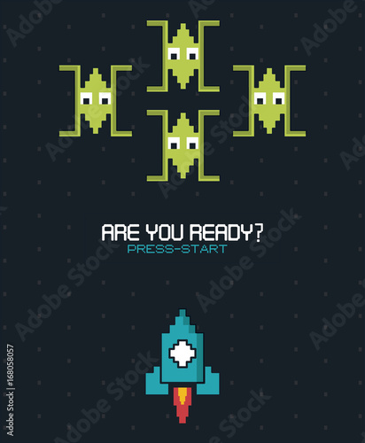 colorful poster of are you ready press start with graphics of spatial game vector illustration
