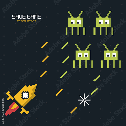 colorful poster of save game press start with graphics of spatial game vector illustration