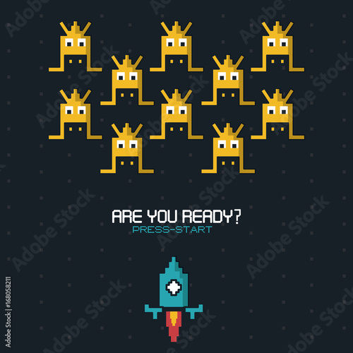 colorful poster of are you ready press start with graphics of spatial game with blue rocket vector illustration