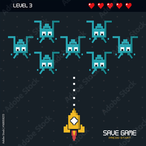 colorful poster of save game press start with graphics of spatial game in level three vector illustration