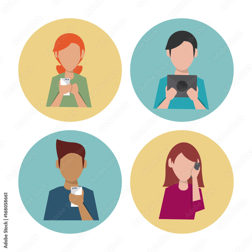 white background with colorful circles with icons of half body people with social media vector illustration white background with colorful circles with icons of half body people with social media vector illustration